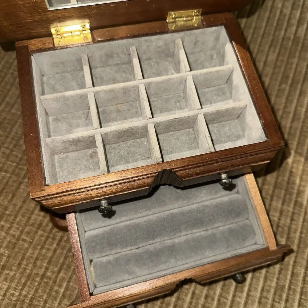 Vintage Small Wooden Jewelry Box w/ Mirror Velvet Lined Drawers Rectangle